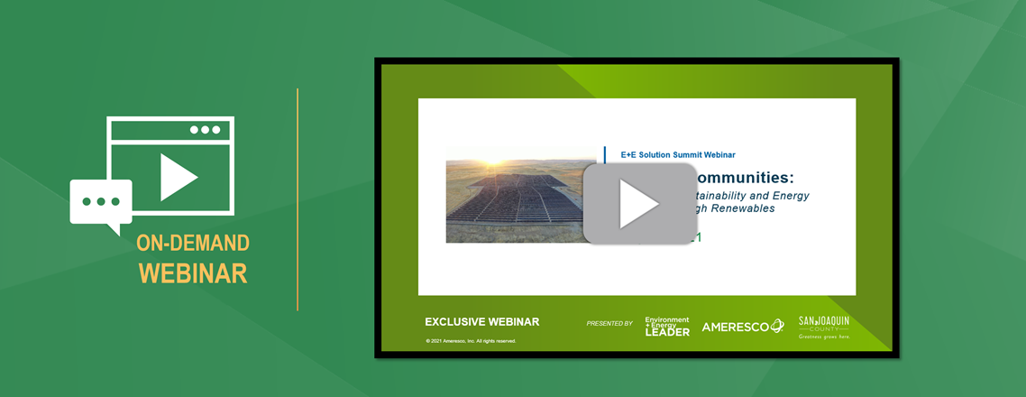 Preview image for the E+E Solutions Summit Greener Communities webinar shows a title slide under a play button next to the words On-Demand Webinar