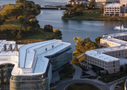 Daytime aerial view of theEvanston Campus at Northwestern University