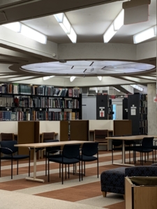 Daytime interior view of a study area at Deering Library at Northwestern University