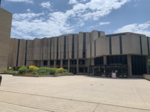 Daytime exterior view of Deering Library at Northwestern University