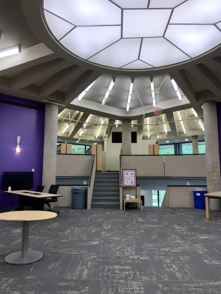 Daytime interior view of book stacks at Deering Library at Northwestern University