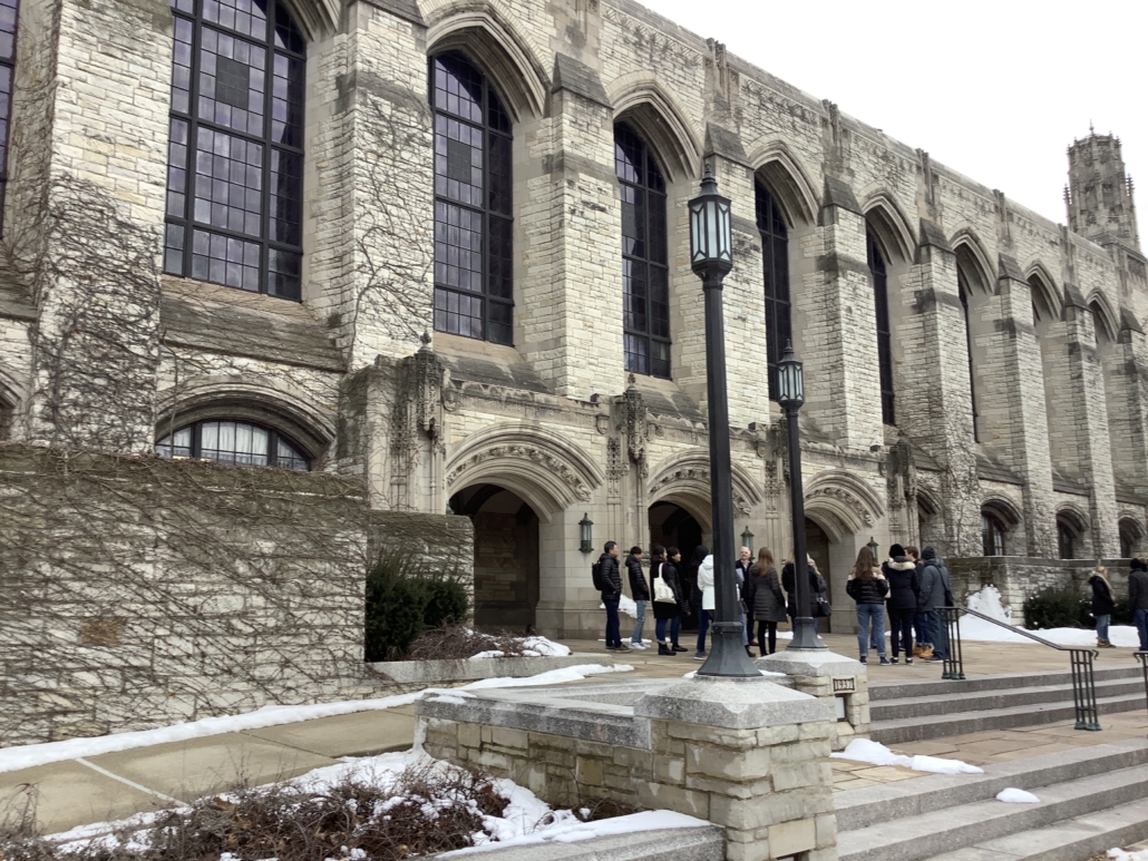 Daytime exterior view of a wing of Deering Library at Northwestern University