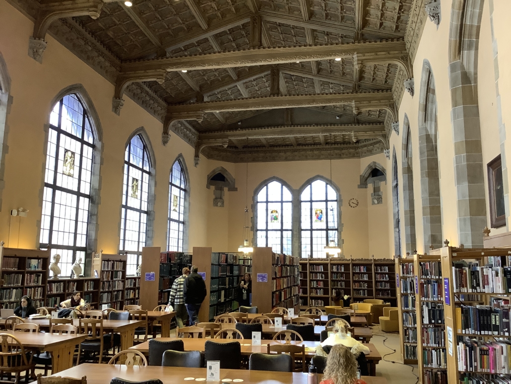Daytime interior view of a hall at Deering Library at Northwestern University