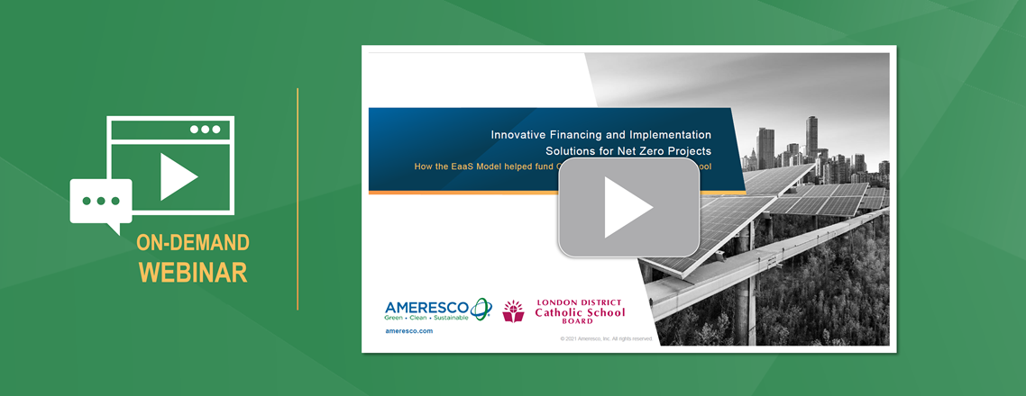 Thumbnail for a webinar shows the words on-demand webinar next to the title slide for Innovative Financing and Implementation Solutions for Net Zero Projects