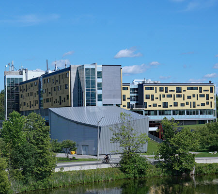 Daytime view of campus buildings at Trent University in Ontario