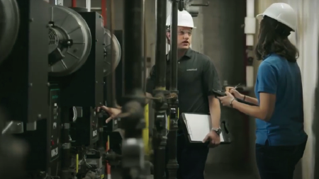 Interior view of a man and woman in hard hats inspecting central plant equipment
