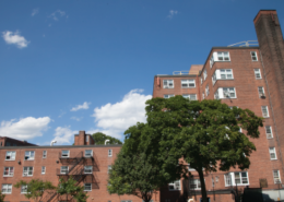 Daytime exterior view of multifamily housing buildings owned by the Boston Housing Authority