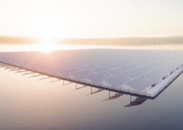 Sunrise view of a solar array floating on a pond at Fort Bragg