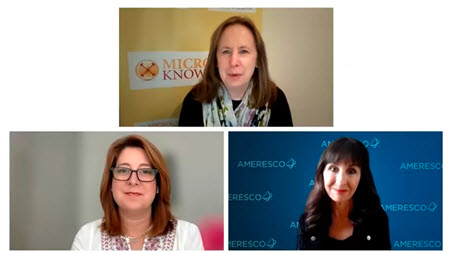 Screen capture shows two female Ameresco executives speaking at a video conference with a Microgrid Knowledge moderator