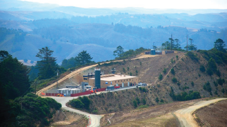 Daytime aerial view of Ox Mountain Landfill energy equipment