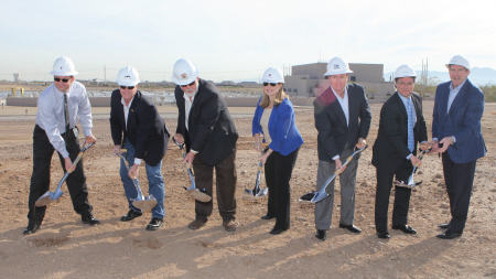 Daytime view of City of Phoenix officials participating in a wastewater treatment plant groundbreaking
