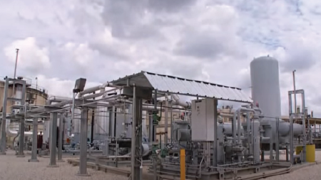 Daytime view of biogas equipment at a San Antonio Water System processing plant