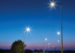 Evening exterior view of LED street lights on a roadway