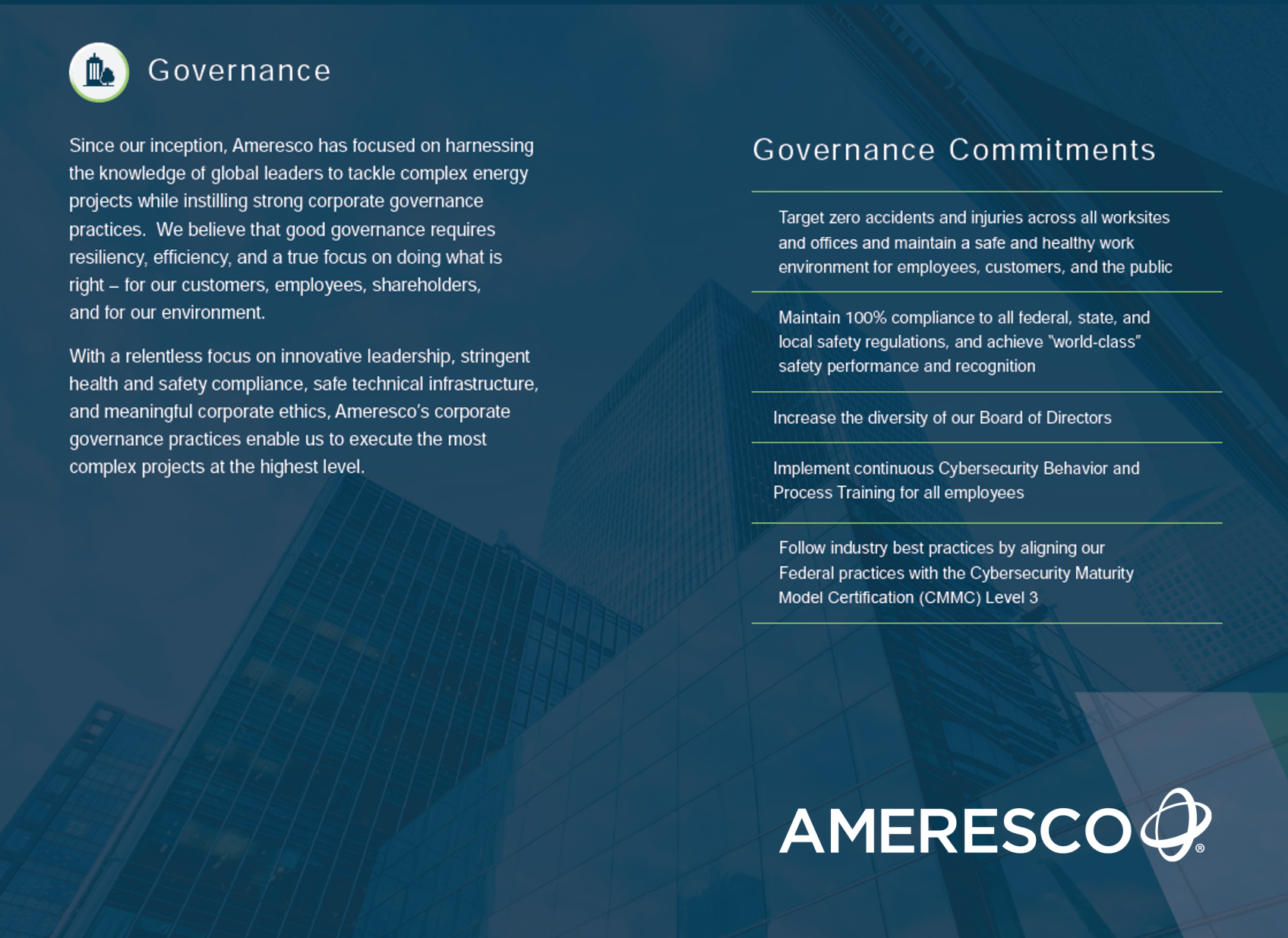 Reproduction of the Governance page in the Ameresco 2021 ESG Report