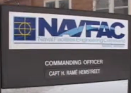 Daytime view of a sign outside the office of NAVFAQ Commanding Officer Capt H Rame Hemstreet