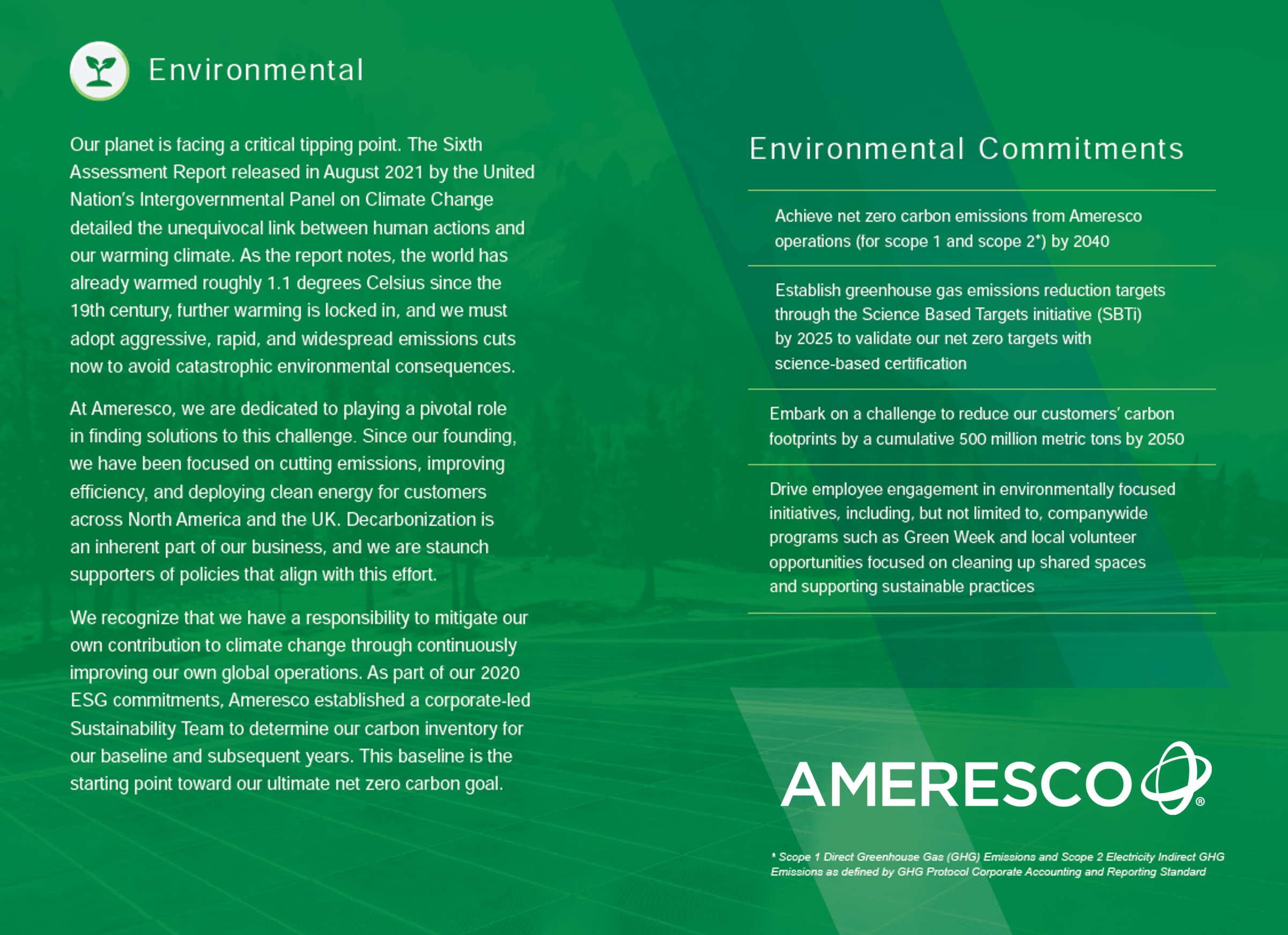 Reproduction of the Environmental page in the Ameresco 2021 ESG Report