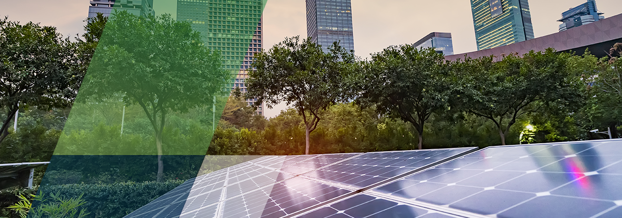 Concept image for Ameresco's 2021 ESG Report features solar panels in a park setting with skyscrapers in the background