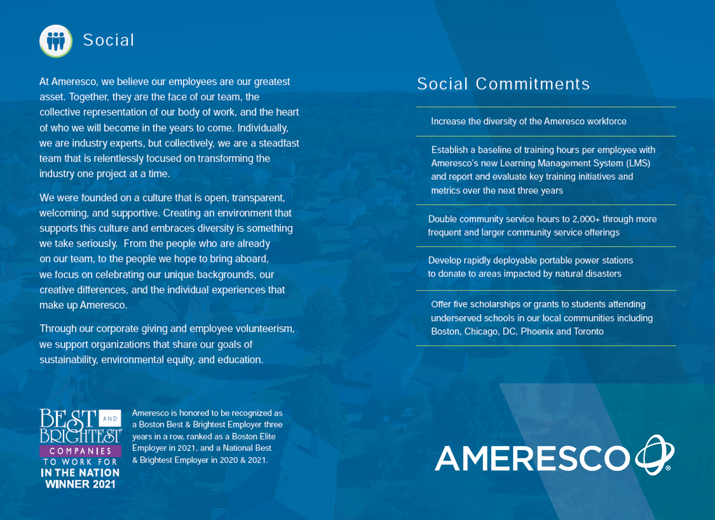 Reproduction of the Social page in the Ameresco 2021 ESG Report