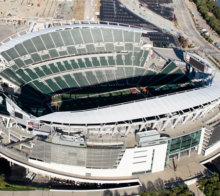 Daytime aerial view of Paul Brown Stadium between Interstate 71 and the Ohio River