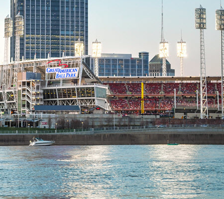 Great American Ballpark as seen from the Ohio River at dusk
