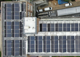 Overhead aerial view of solar panels on the roof of University of West London
