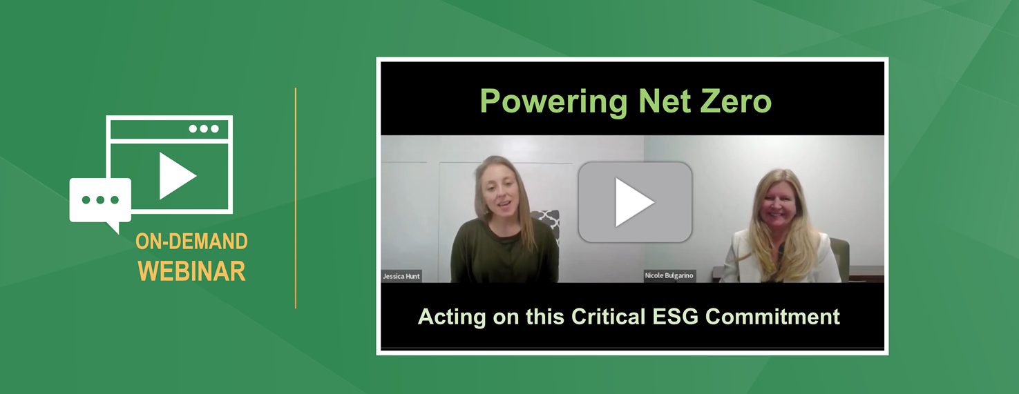 Preview image for Power Net Zero Acting On This Critical ESG Commitment webinar shows Jessica Hart and Nicole Bulgarino presenting with a play button overlay and the words On-Demand Webinar