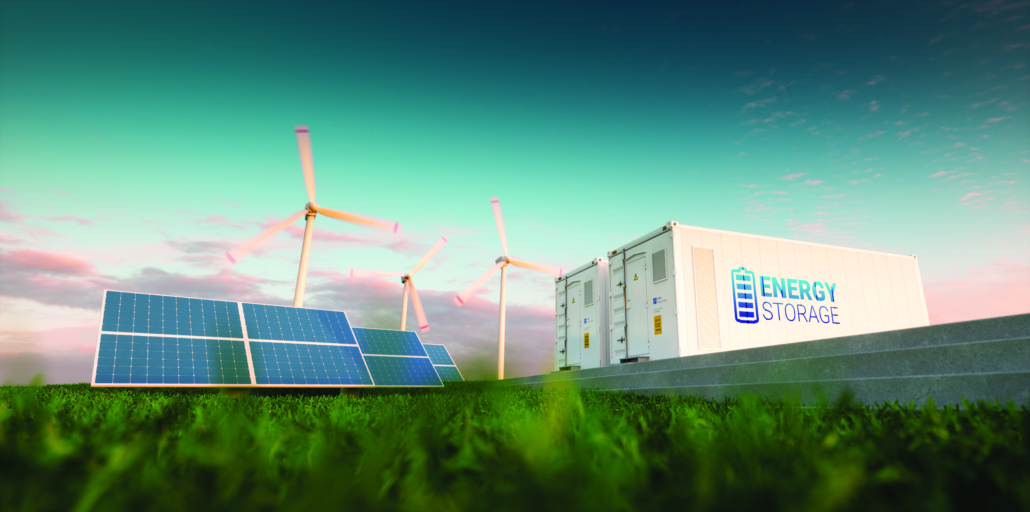 Concept of energy storage system. Renewable energy - photovoltaics, wind turbines and Li-ion battery container in morning fresh nature. 3d rendering. Concept image for renewable energy shows solar panel arrays wind turbines and battery energy storage units on a field of grass beneath a blue sky with fair weather clouds