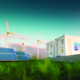 Concept image for renewable energy shows solar panel arrays wind turbines and battery energy storage units on a field of grass beneath a blue sky with fair weather clouds