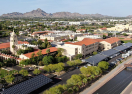 Aerial view of Brophy College Preparatory School showing solar carport systems in the parking lot