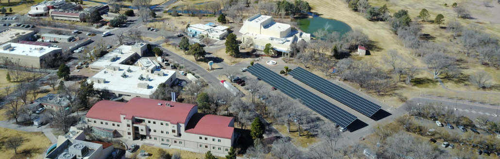 Aerial campus view of New Mexico Institute of Mining and Technology showing solar carports