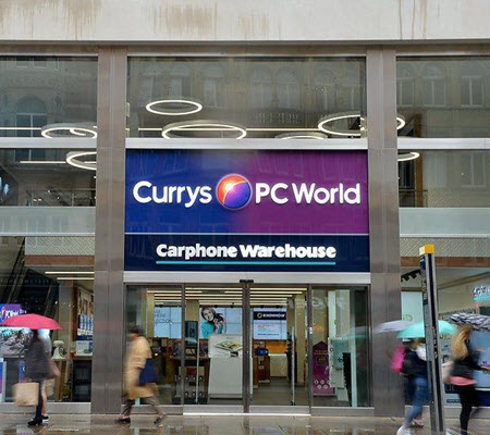 Daytime exterior view of Currys Electronics on Oxford Street in London