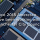 Aerial view of a rooftop solar installation in Manchester UK overlaid with the words Since 2018 Ameresco have been working with Manchester City Council...