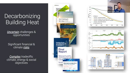 Screen capture of Decarbonizing Building Heating Webinar showing a slide with strategies