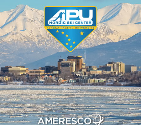 Daytime view of the Alaska Pacific University Campus with the APU Nordic Ski Center and Ameresco logos superimposed