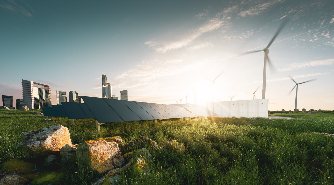 Concept image showing a futuristic skyline behind solar panels and wind turbines in a stony field