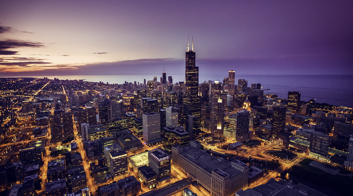 Twilight aerial view of the Chicago skyline looking toward Lake Michigan