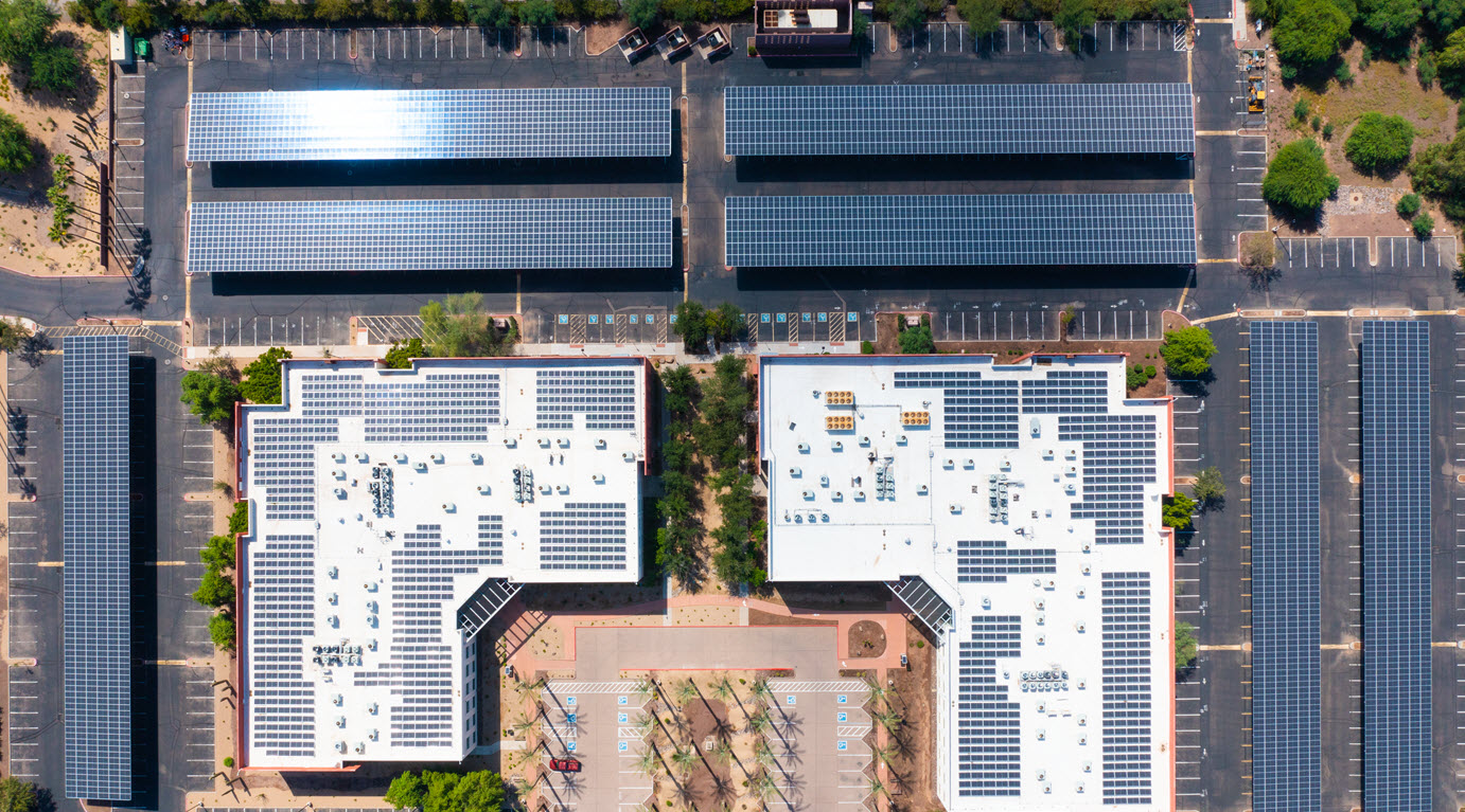 Daytime overhead view of solar car ports at a Bank of America office building