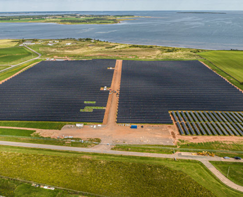 Daytime aerial view of a solar farm at Slemon Park