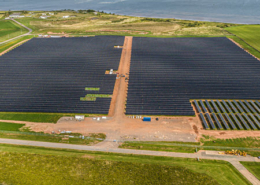 Daytime aerial view of a solar farm at Slemon Park