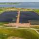 Daytime aerial view of a solar farm at Slemon Park