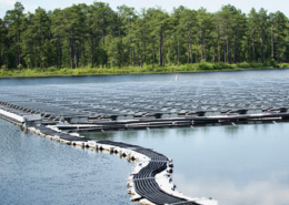 Daytime view of a floating solar panel array at Fort Liberty in North Carolina