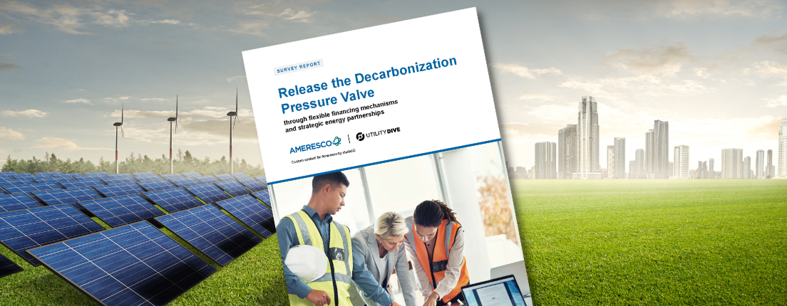Cover of the Release the Decarbonization Pressure Valve white paper superimposed on images of solar panels, wind turbines and a modern city skyline