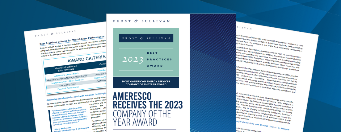 Cover of a Frost and Sullivan 2023 Best Practices Award report with the words Ameresco Receives the 2023 Company of the Year Award