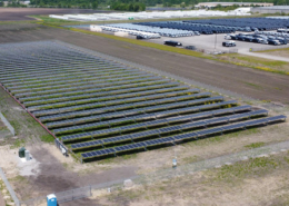 Daytime aerial view of a solar farm at Valmont Industries