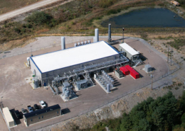 Daytime aerial view of the Benson Valley landfill gas to energy plant and its surroundings