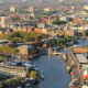 Daytime aerial view of a central portion of Bristol UK