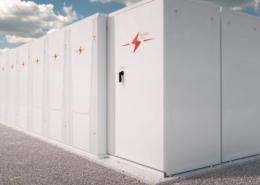 Daytime view of battery energy storage enclosures