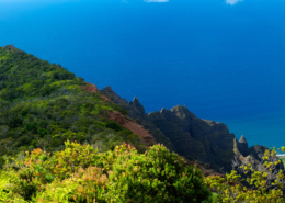 Daytime view of cliffs in Hawaii looking toward the ocean