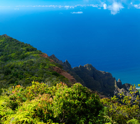 Daytime view of cliffs in Hawaii looking toward the ocean