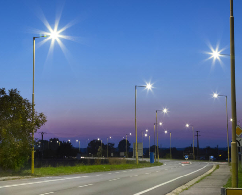 Evening view of LED street lights along an urban road